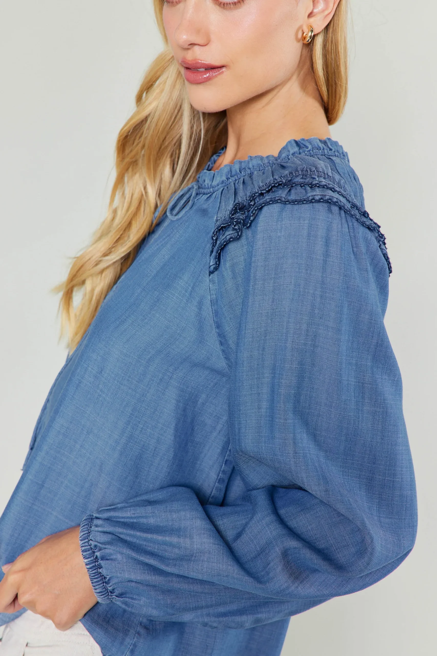 Long Sleeve Tops-Current Air Picot Stitched Blouse CHAMBRAY