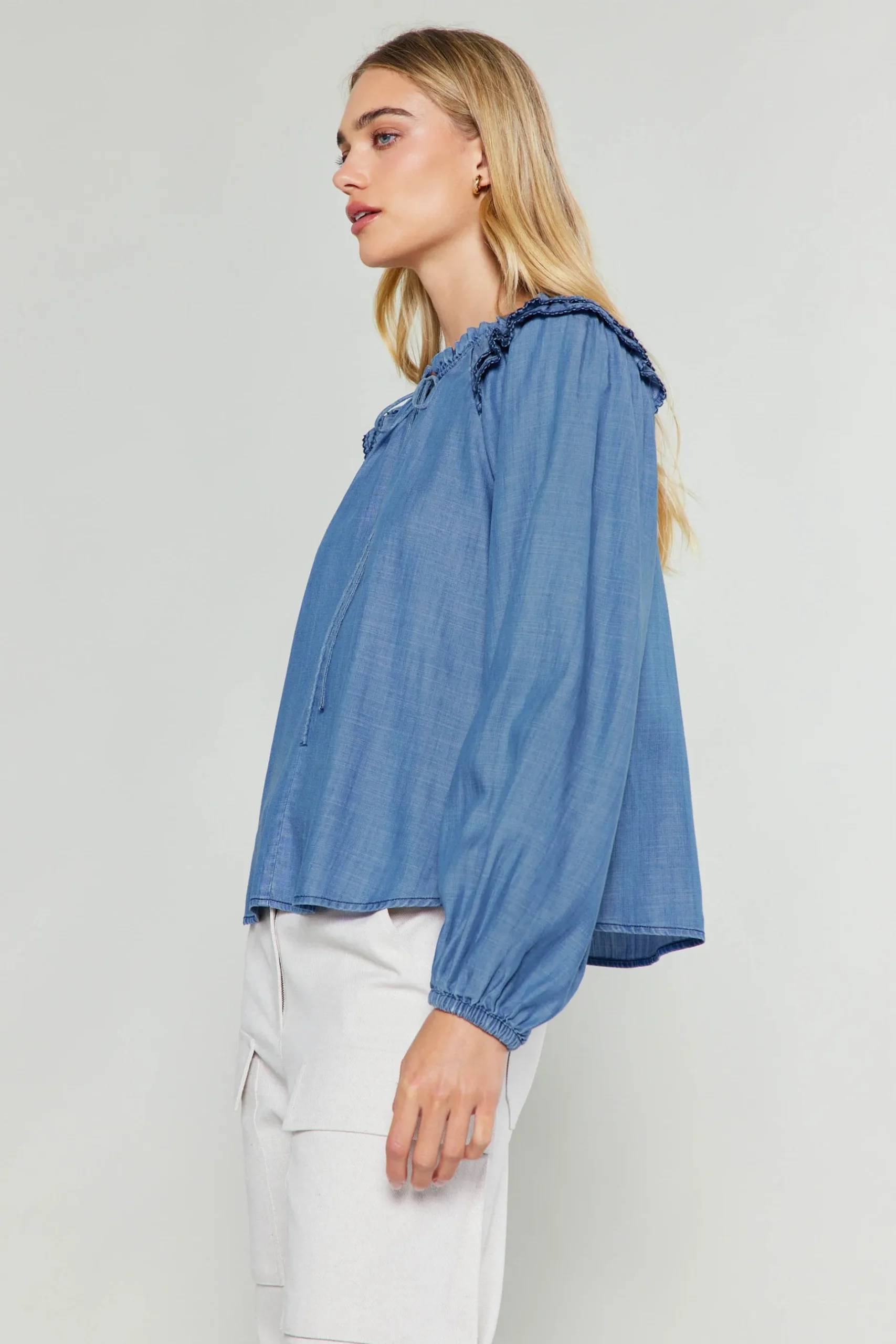 Long Sleeve Tops-Current Air Picot Stitched Blouse CHAMBRAY