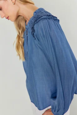 Long Sleeve Tops-Current Air Picot Stitched Blouse CHAMBRAY