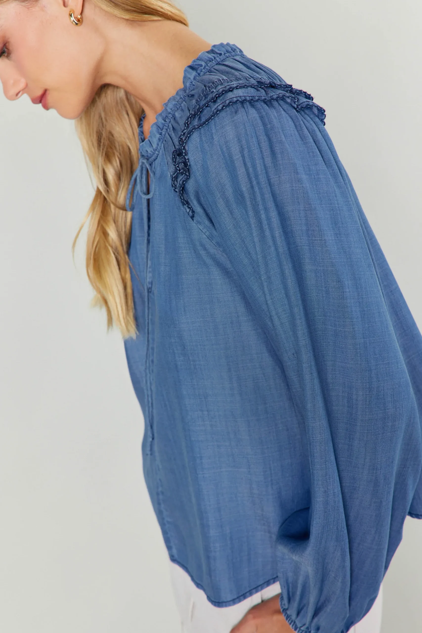 Long Sleeve Tops-Current Air Picot Stitched Blouse CHAMBRAY