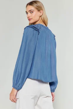Long Sleeve Tops-Current Air Picot Stitched Blouse CHAMBRAY