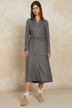 Midi Dresses-Current Air Chambray Shirt Dress WASHEDBLACK