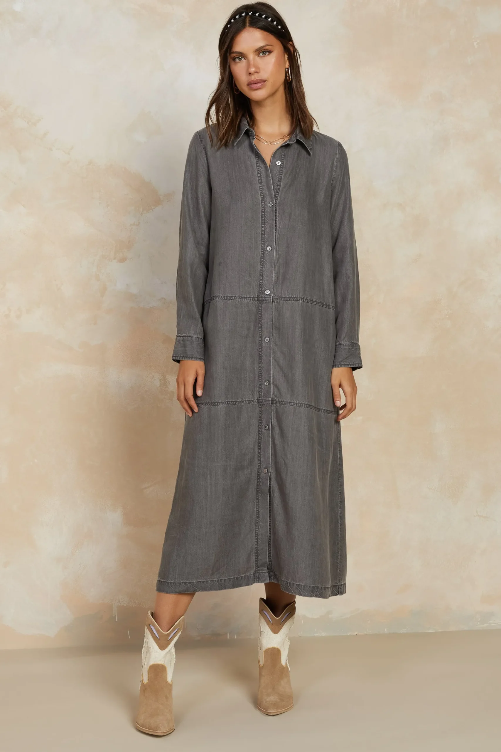 Midi Dresses-Current Air Chambray Shirt Dress WASHEDBLACK