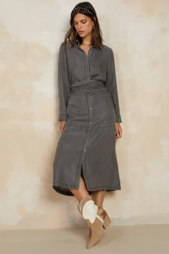 Midi Dresses-Current Air Chambray Shirt Dress WASHEDBLACK