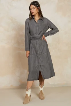 Midi Dresses-Current Air Chambray Shirt Dress WASHEDBLACK