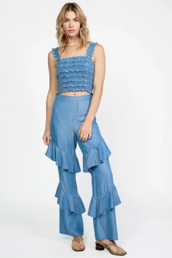Sleeveless Tops-Current Air Smocked Crop Top CHAMBRAY