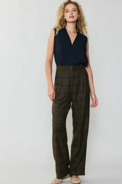 Pants-Current Air Checkered Wide Leg Pants OLIVE