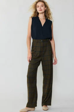 Pants-Current Air Checkered Wide Leg Pants OLIVE