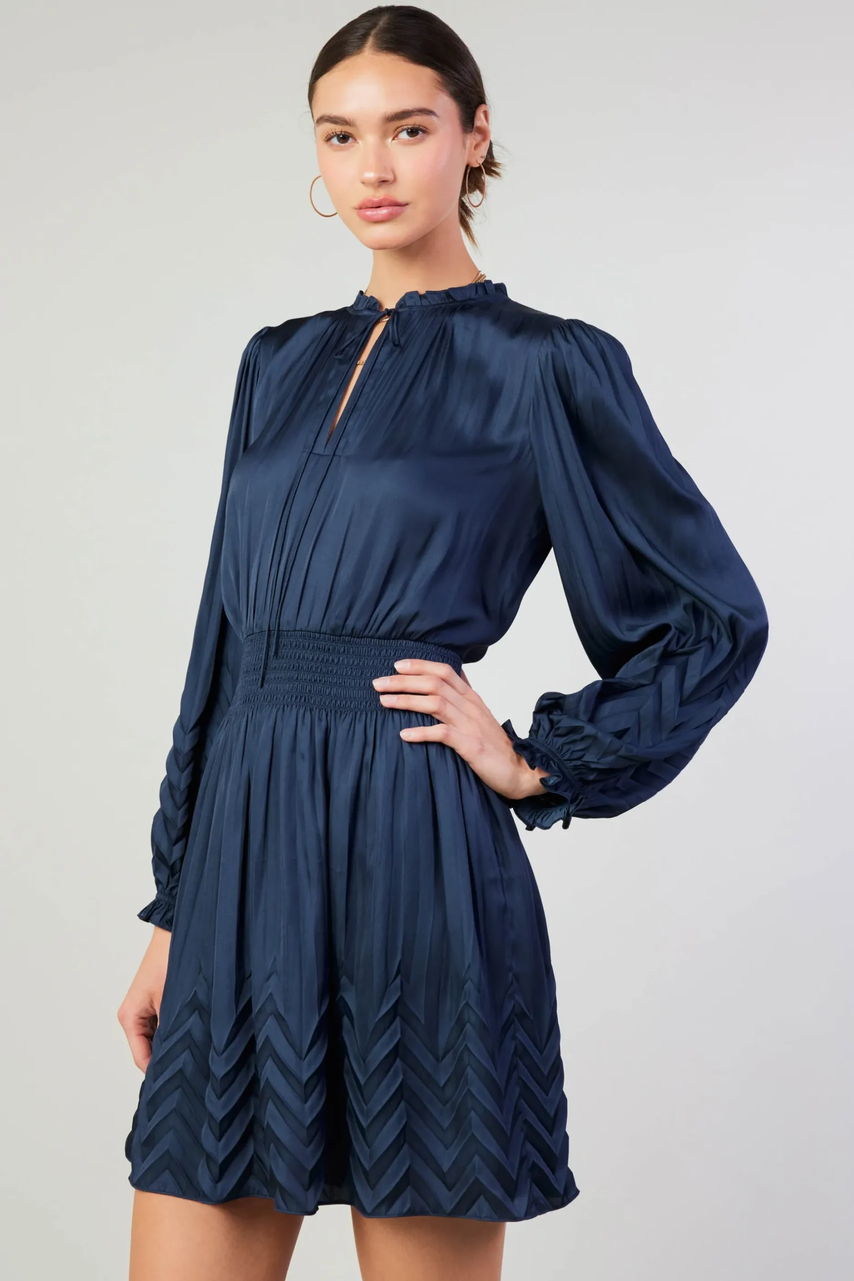 Mini Dresses-Current Air Chevron Pleat Mini Dress NAVY