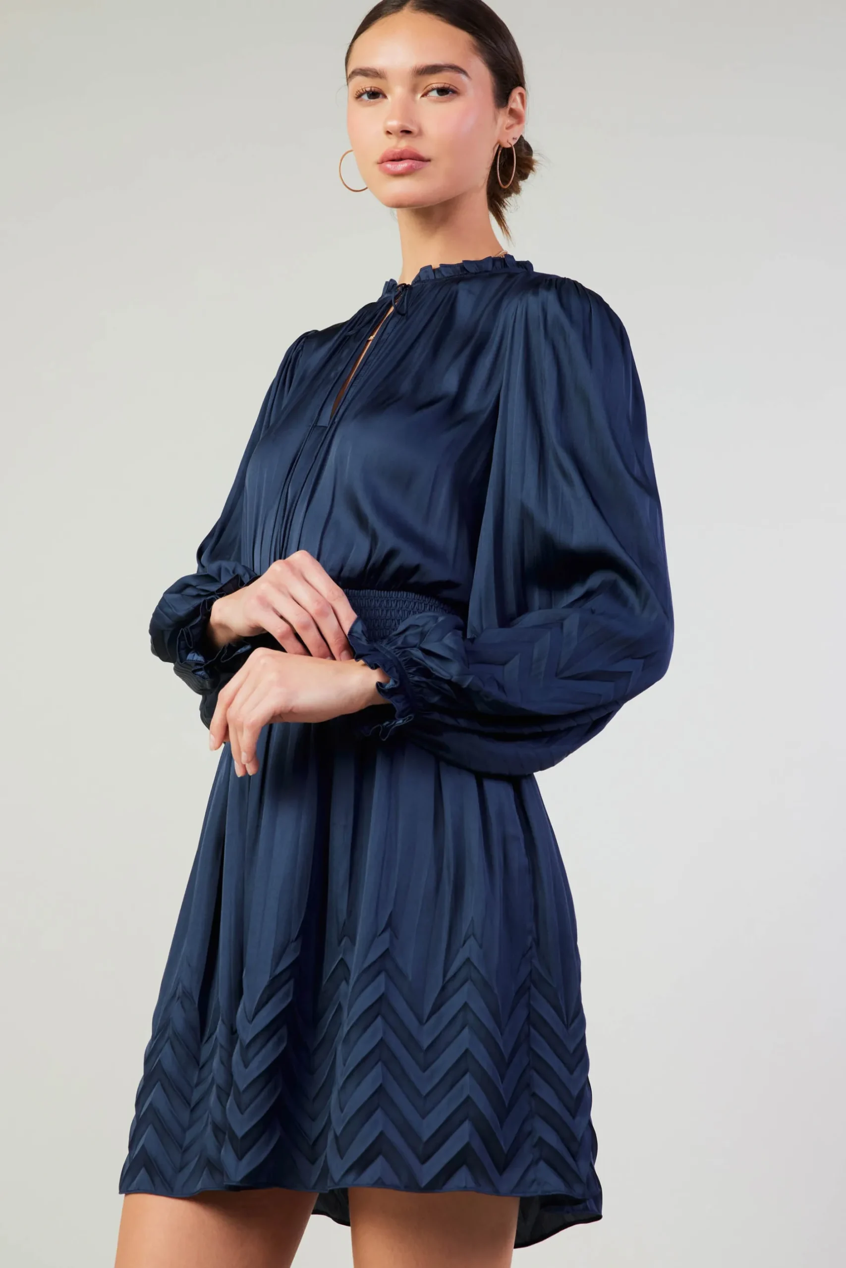 Mini Dresses-Current Air Chevron Pleat Mini Dress NAVY