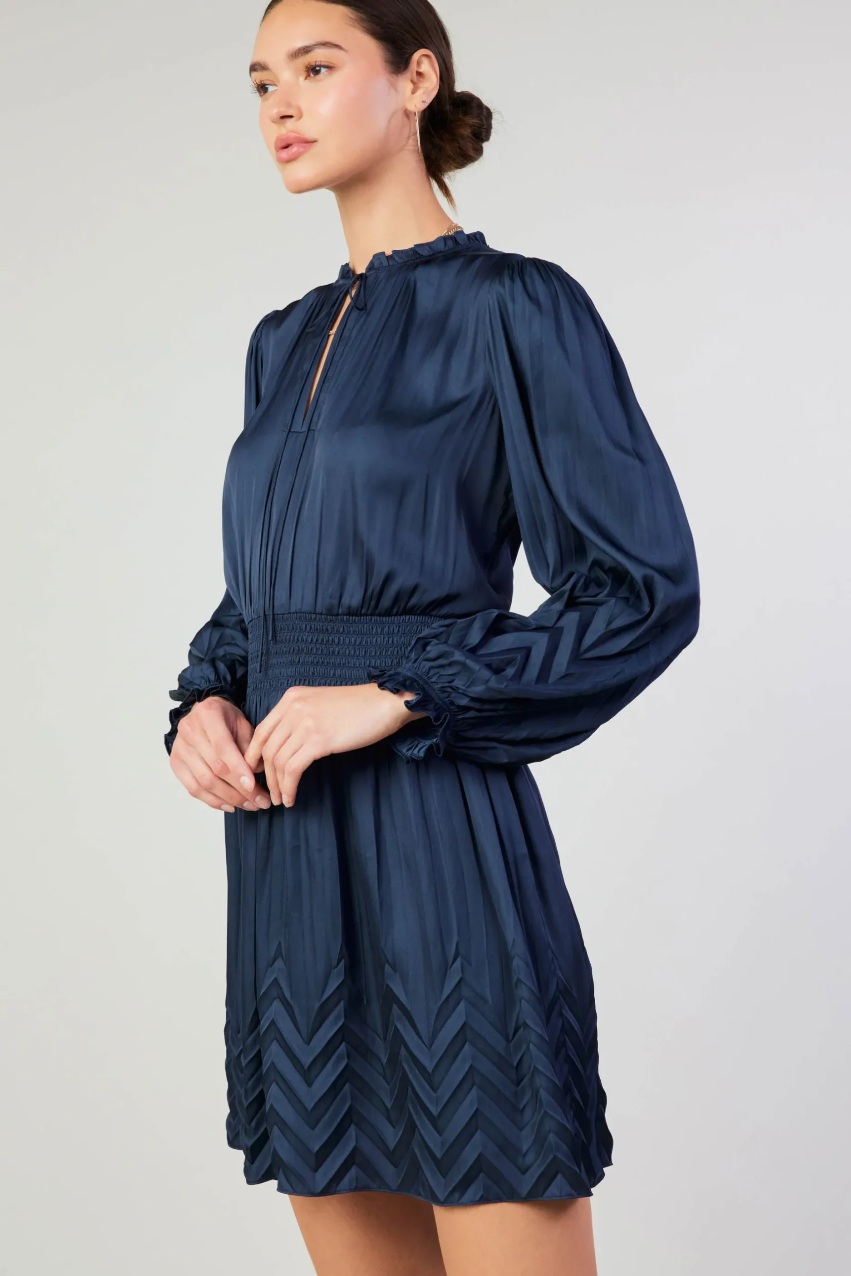 Mini Dresses-Current Air Chevron Pleat Mini Dress NAVY