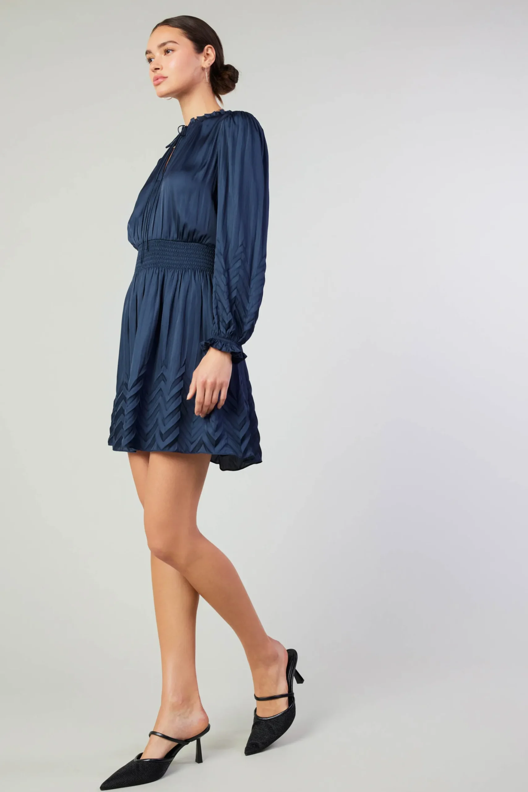 Mini Dresses-Current Air Chevron Pleat Mini Dress NAVY