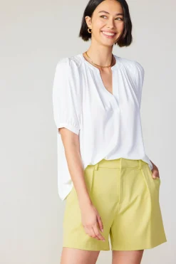Short Sleeve Tops-Current Air Classic V Neck Blouse WHITE