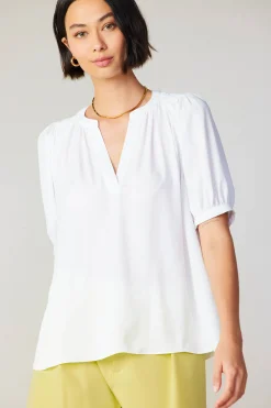 Short Sleeve Tops-Current Air Classic V Neck Blouse WHITE