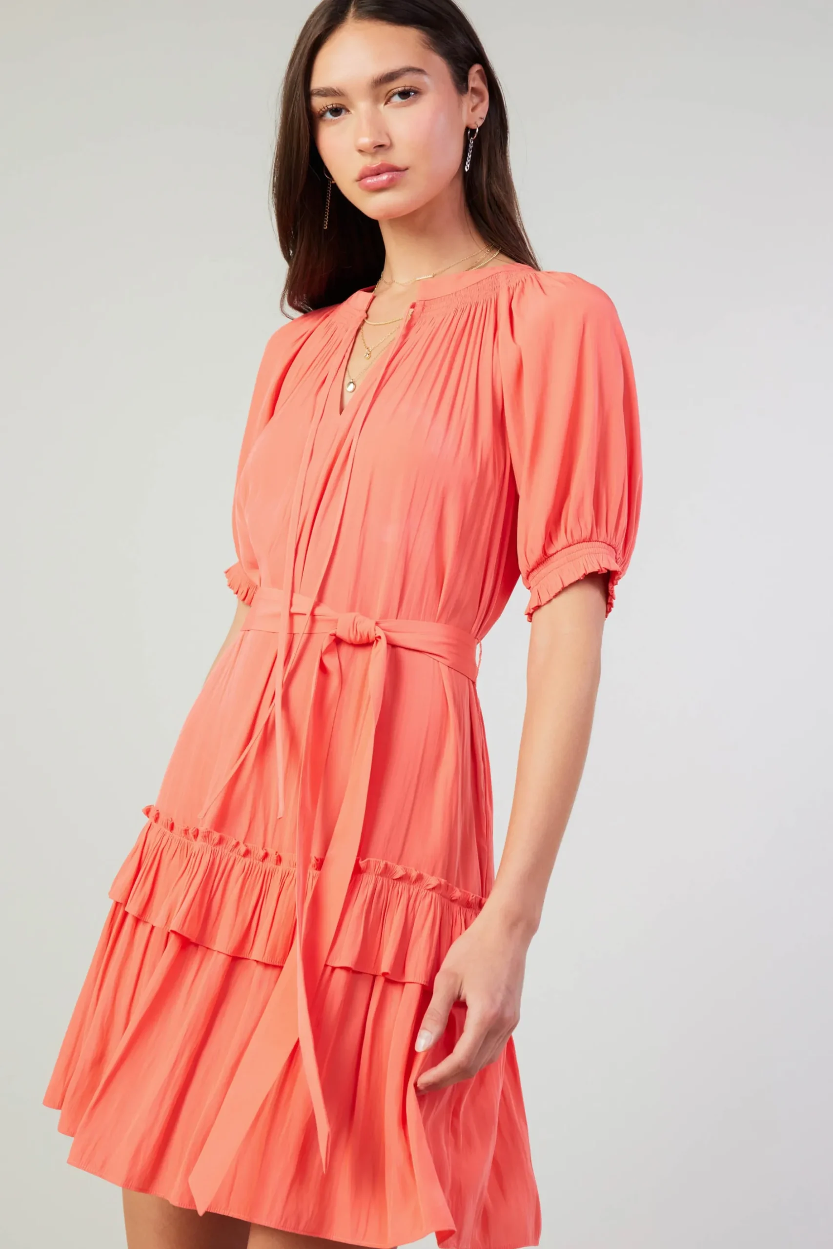 Mini Dresses-Current Air Coletta Smocked Yoke Mini Dress CORAL
