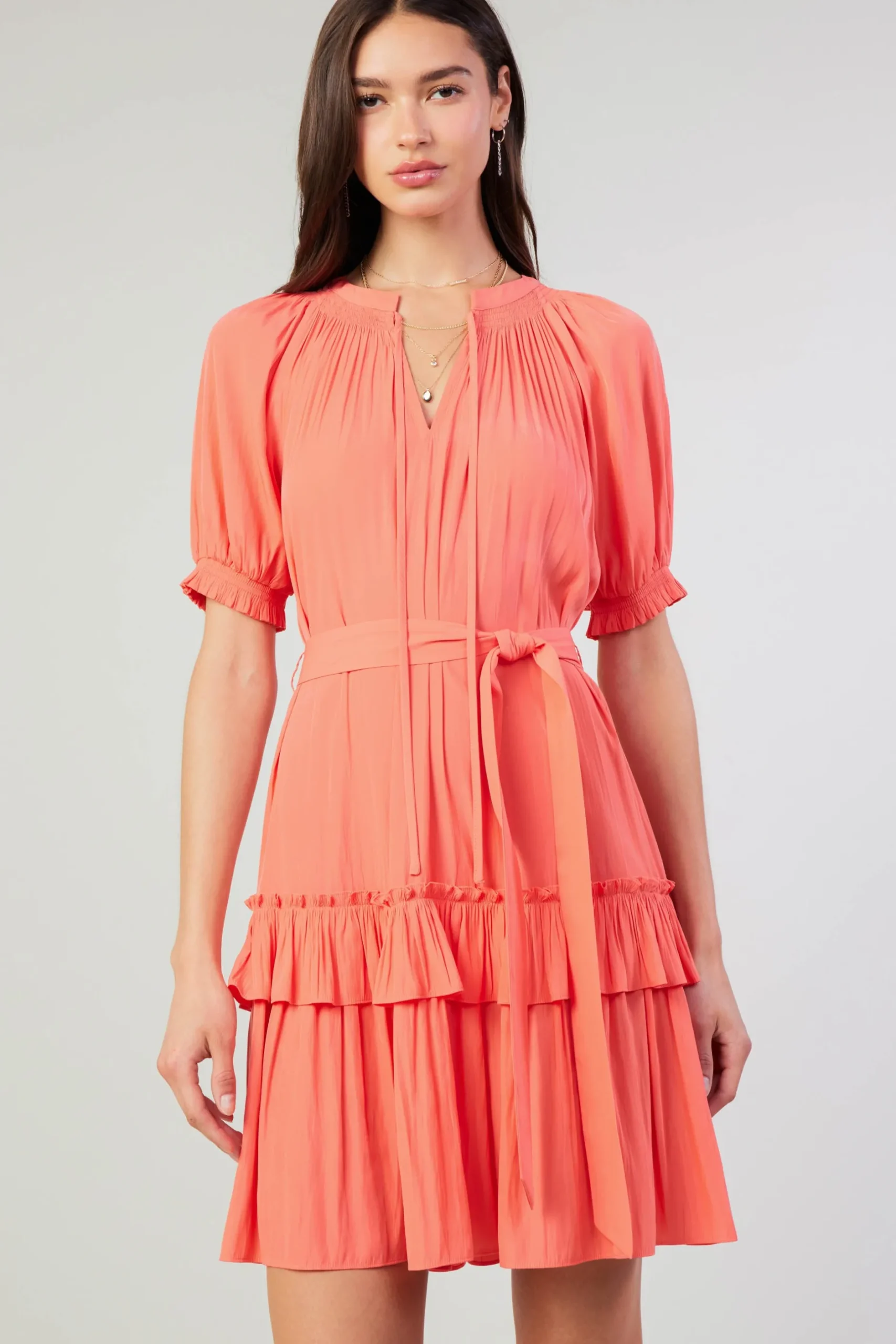 Mini Dresses-Current Air Coletta Smocked Yoke Mini Dress CORAL