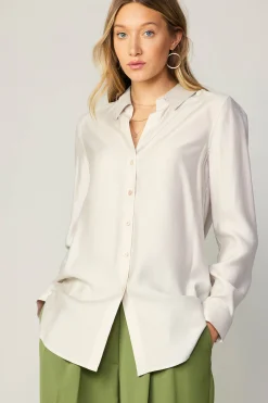 Long Sleeve Tops-Current Air Collared Button Down Shirt BONE