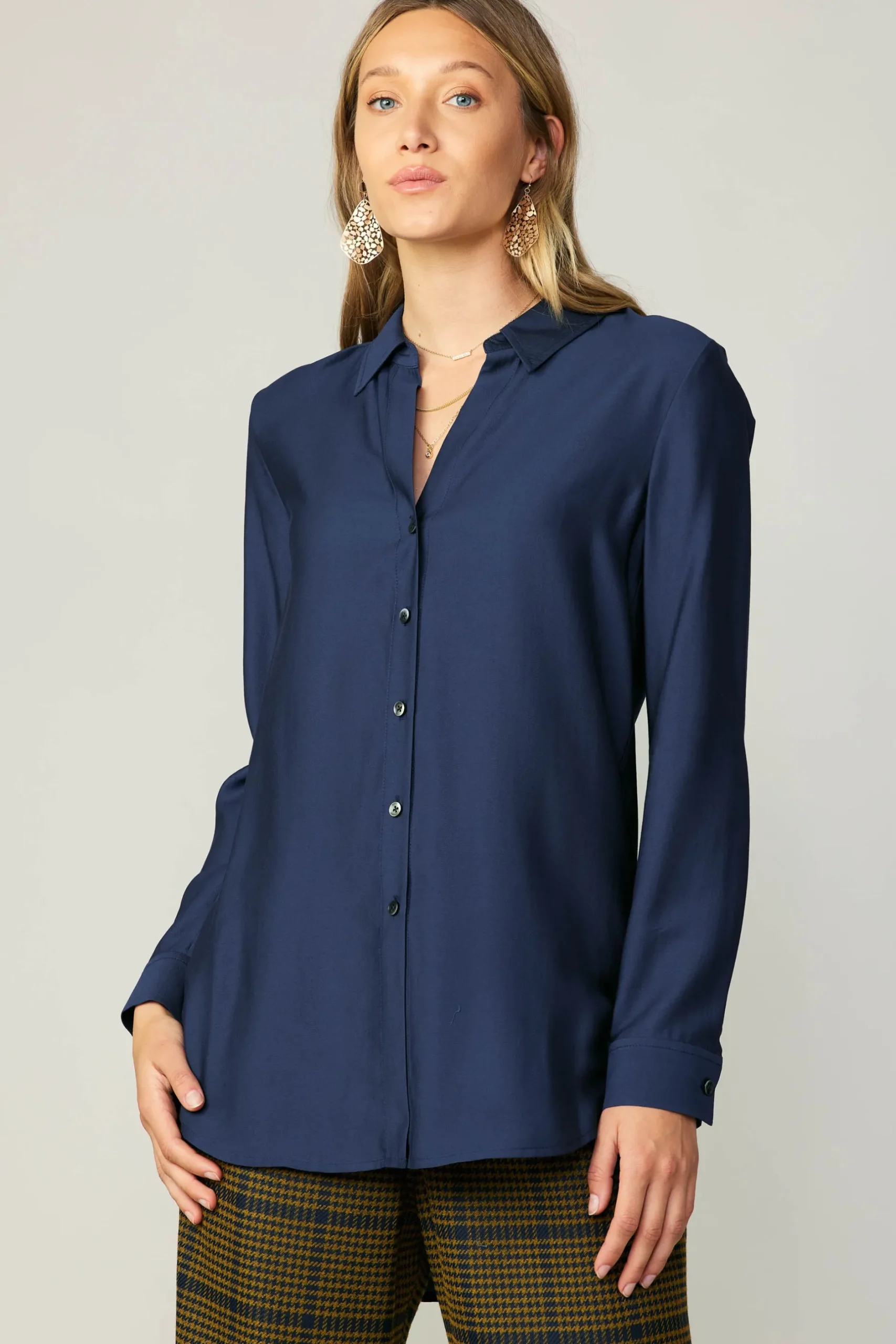 Long Sleeve Tops-Current Air Collared Button Down Shirt NAVY