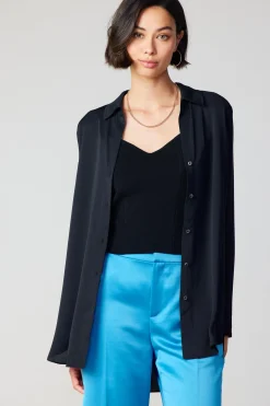 Long Sleeve Tops-Current Air Collared Buttondown Shirt BLACK