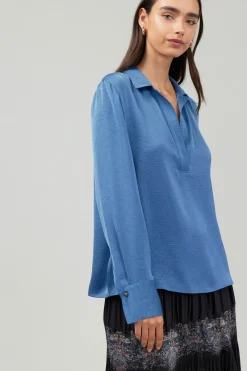Long Sleeve Tops-Current Air Collared Splitneck Blouse DUSTYBLUE