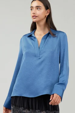 Long Sleeve Tops-Current Air Collared Splitneck Blouse DUSTYBLUE