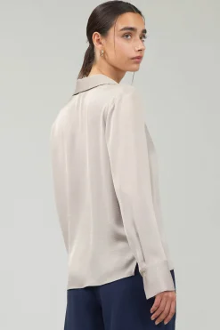 Long Sleeve Tops-Current Air Collared Splitneck Blouse SILVERSTONE