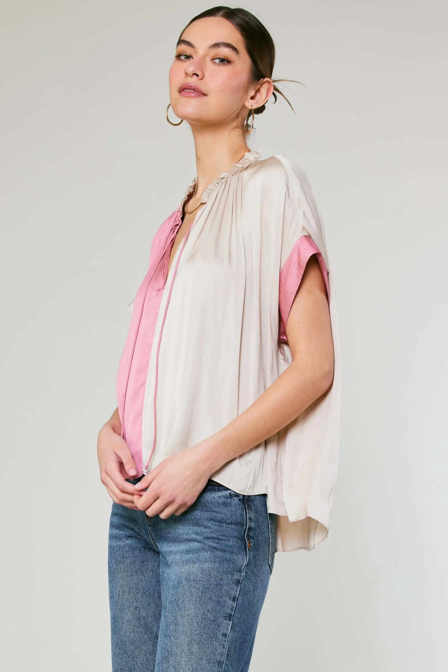 Short Sleeve Tops-Current Air Colorblock Contrast Top LIGHTTAUPE-PINK