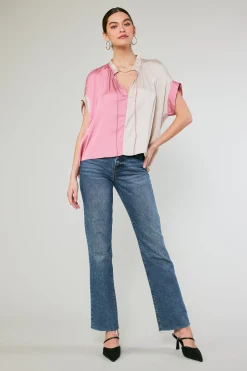 Short Sleeve Tops-Current Air Colorblock Contrast Top LIGHTTAUPE-PINK