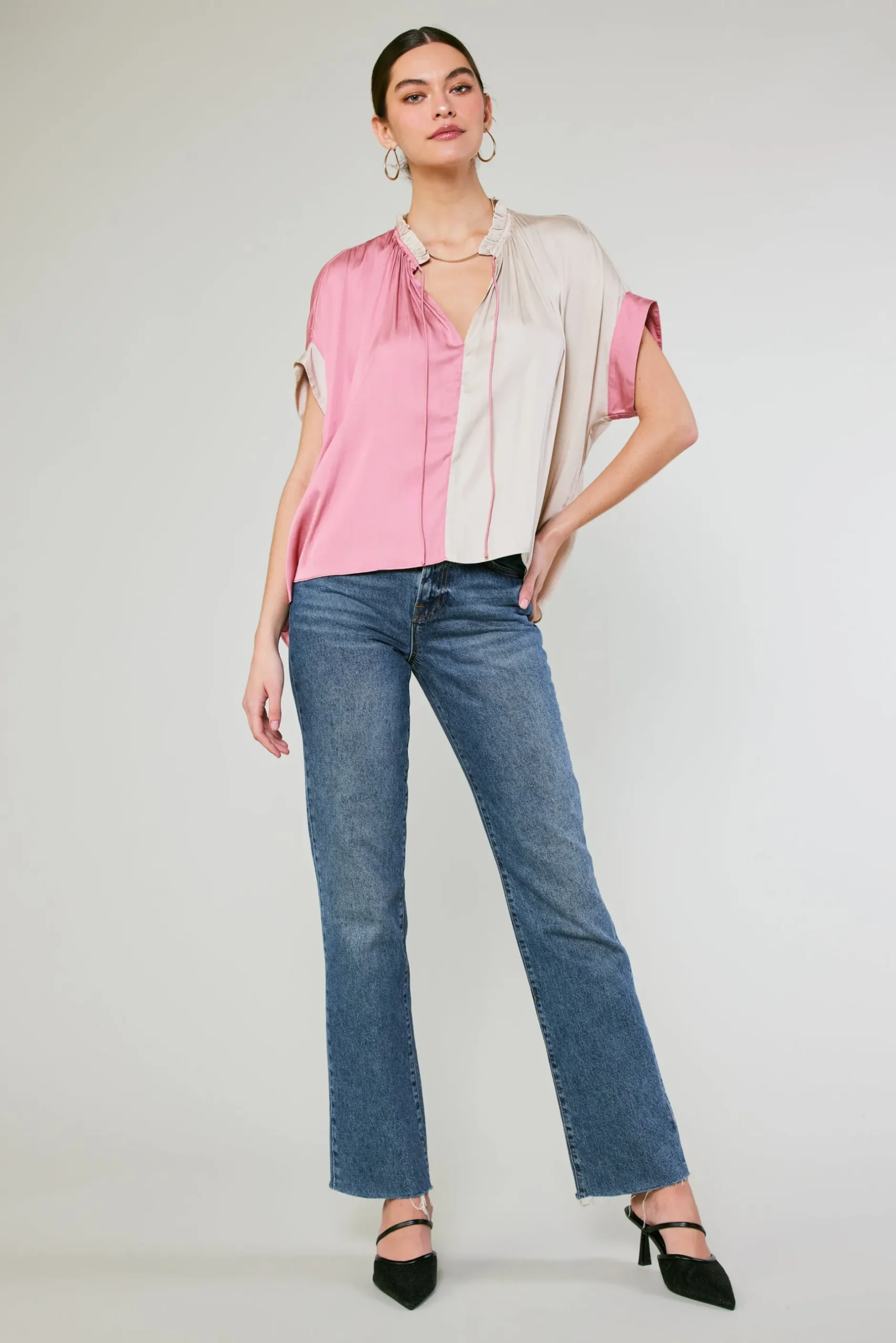 Short Sleeve Tops-Current Air Colorblock Contrast Top LIGHTTAUPE-PINK