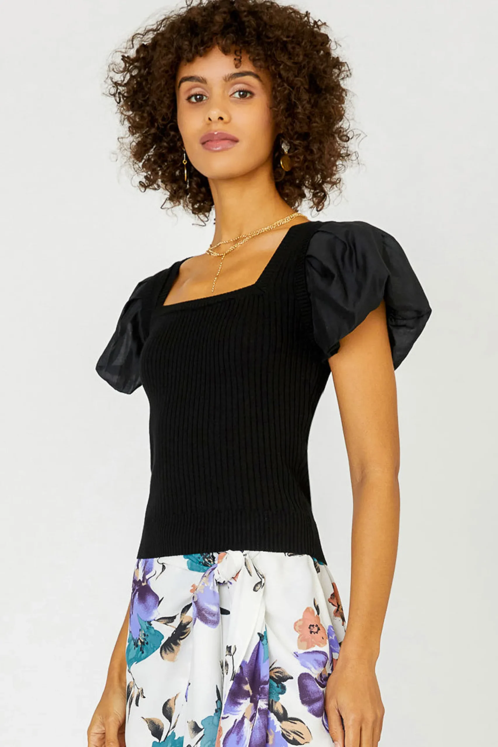 Short Sleeve Tops|Sweaters-Current Air Constrast Puff Sleeve Sweater Top BLACK