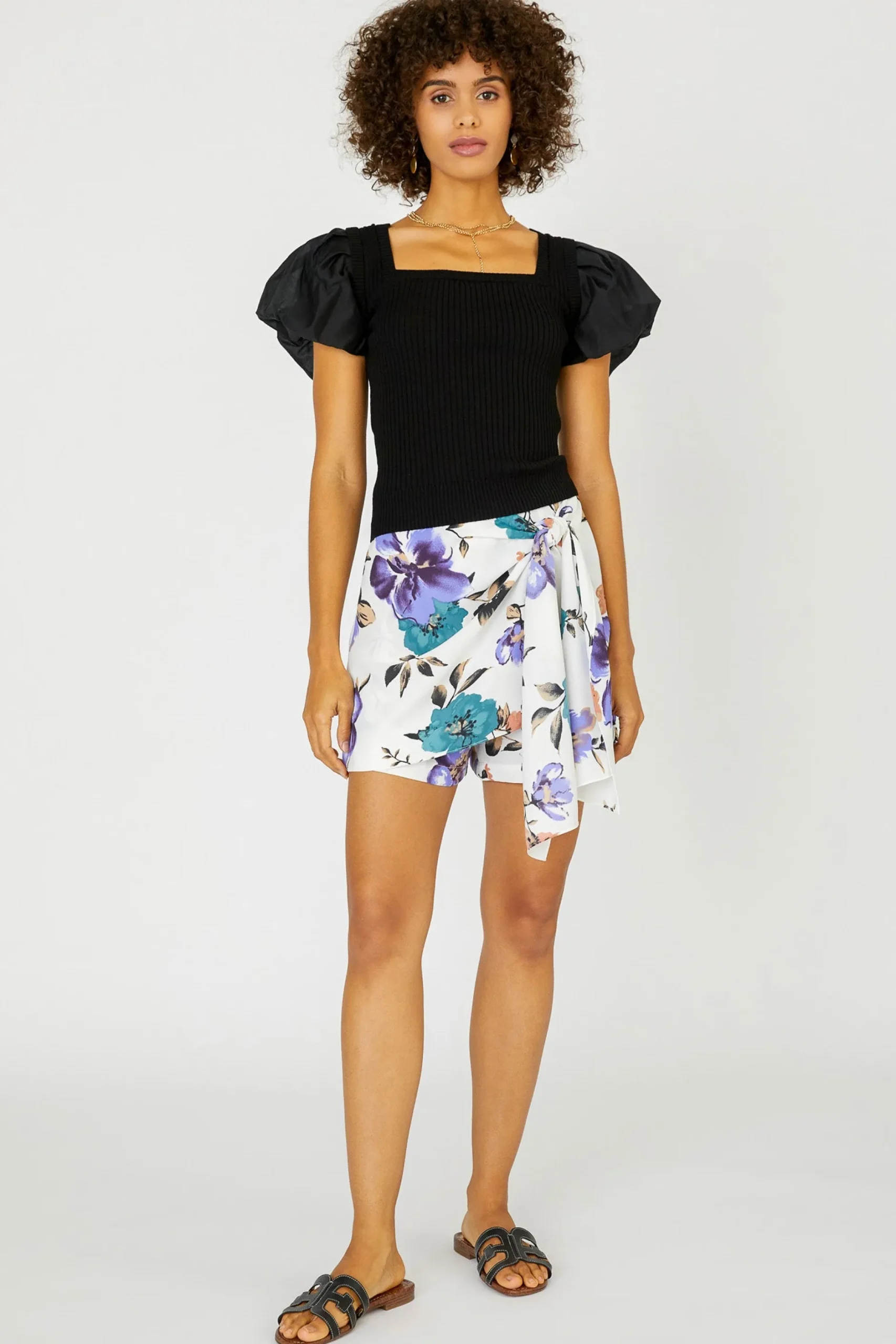 Short Sleeve Tops|Sweaters-Current Air Constrast Puff Sleeve Sweater Top BLACK