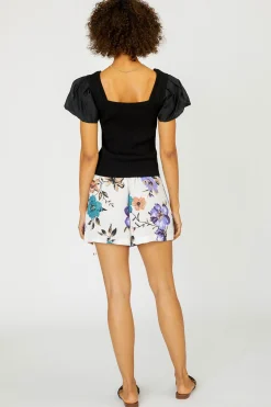 Short Sleeve Tops|Sweaters-Current Air Constrast Puff Sleeve Sweater Top BLACK