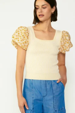 Short Sleeve Tops|Sweaters-Current Air Constrast Puff Sleeve Sweater Top APRICOTMLT