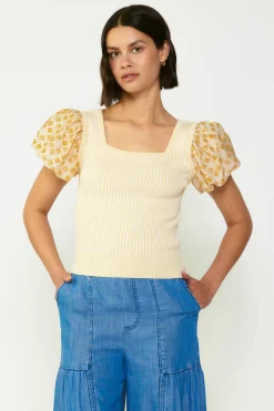 Short Sleeve Tops|Sweaters-Current Air Constrast Puff Sleeve Sweater Top APRICOTMLT
