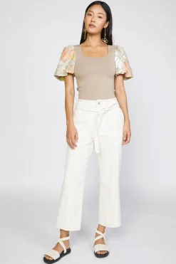 Short Sleeve Tops|Sweaters-Current Air Contrast Floral Sweater Top SAND