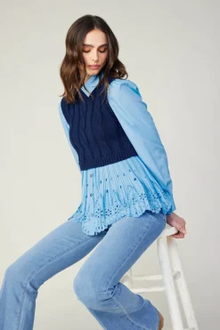 Knitwear|Sweaters-Current Air Contrast Knit Eyelet Top BABYBLUE