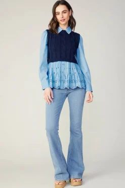 Knitwear|Sweaters-Current Air Contrast Knit Eyelet Top BABYBLUE