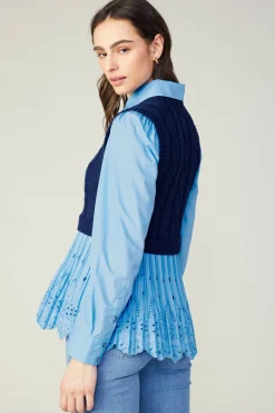 Knitwear|Sweaters-Current Air Contrast Knit Eyelet Top BABYBLUE