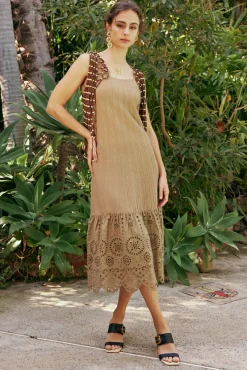 Knitwear|Midi Dresses-Current Air Contrast Lace Knit Dress LATTE