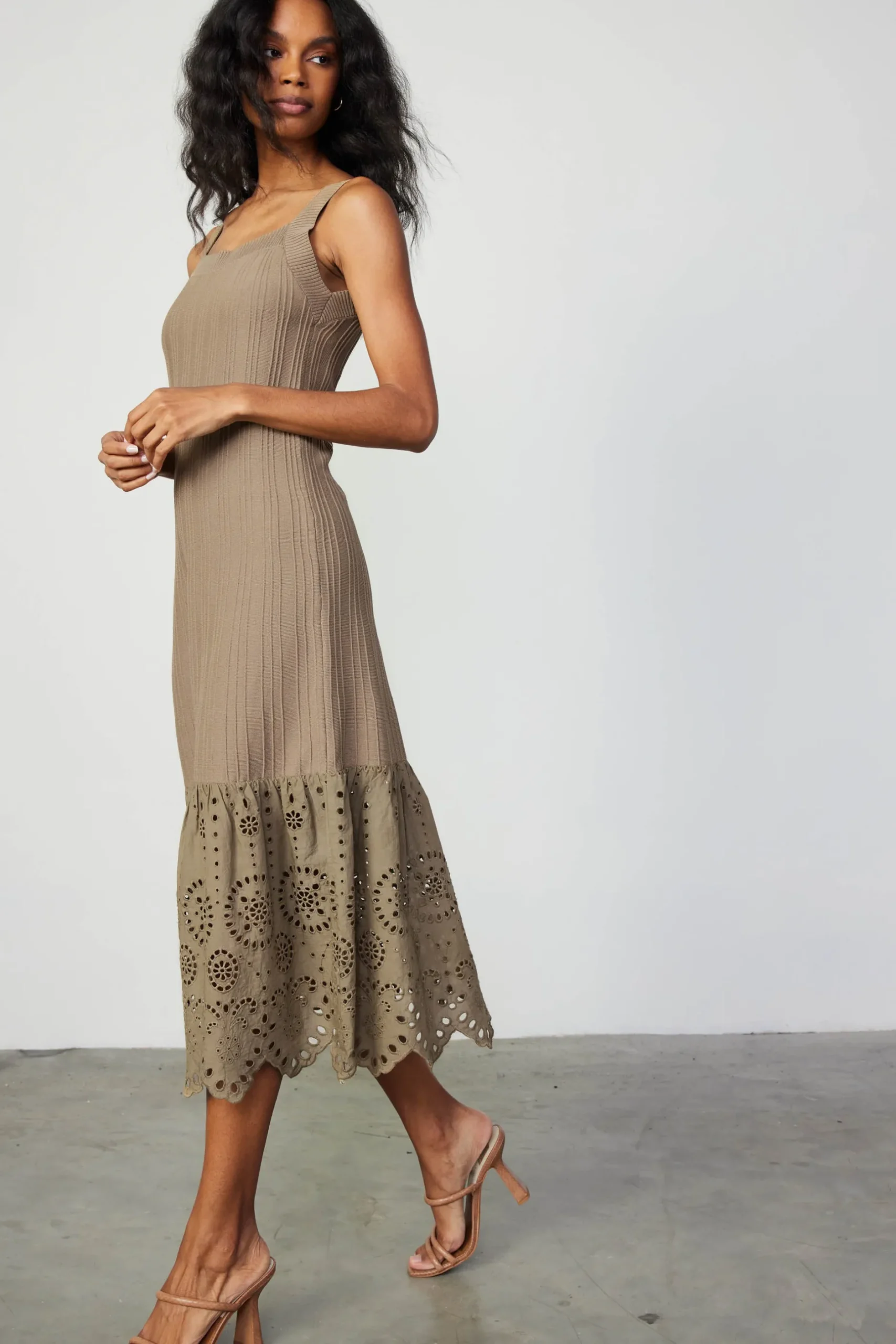 Knitwear|Midi Dresses-Current Air Contrast Lace Knit Dress LATTE