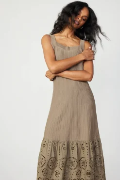 Knitwear|Midi Dresses-Current Air Contrast Lace Knit Dress LATTE