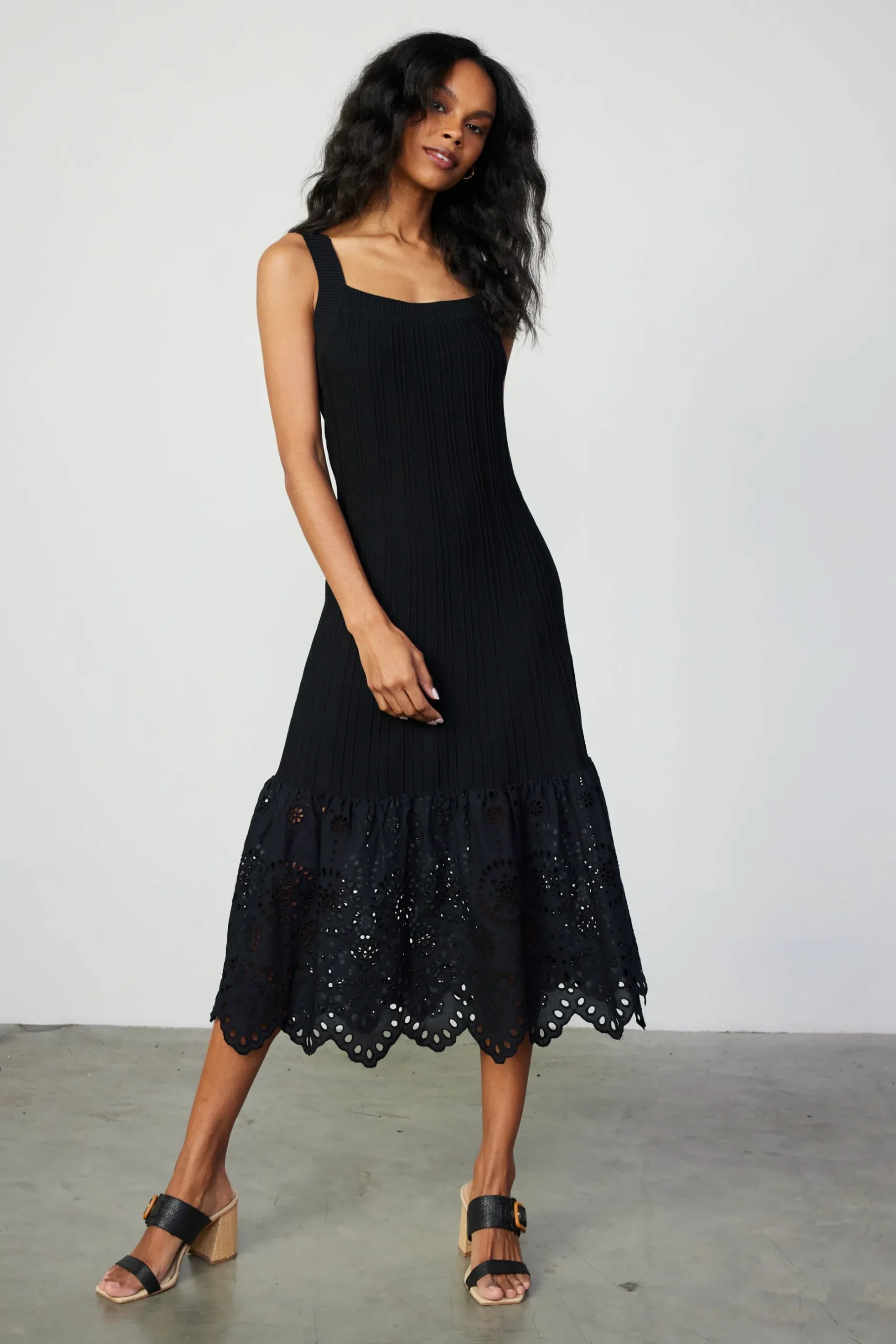 Knitwear|Midi Dresses-Current Air Contrast Lace Knit Dress BLACK