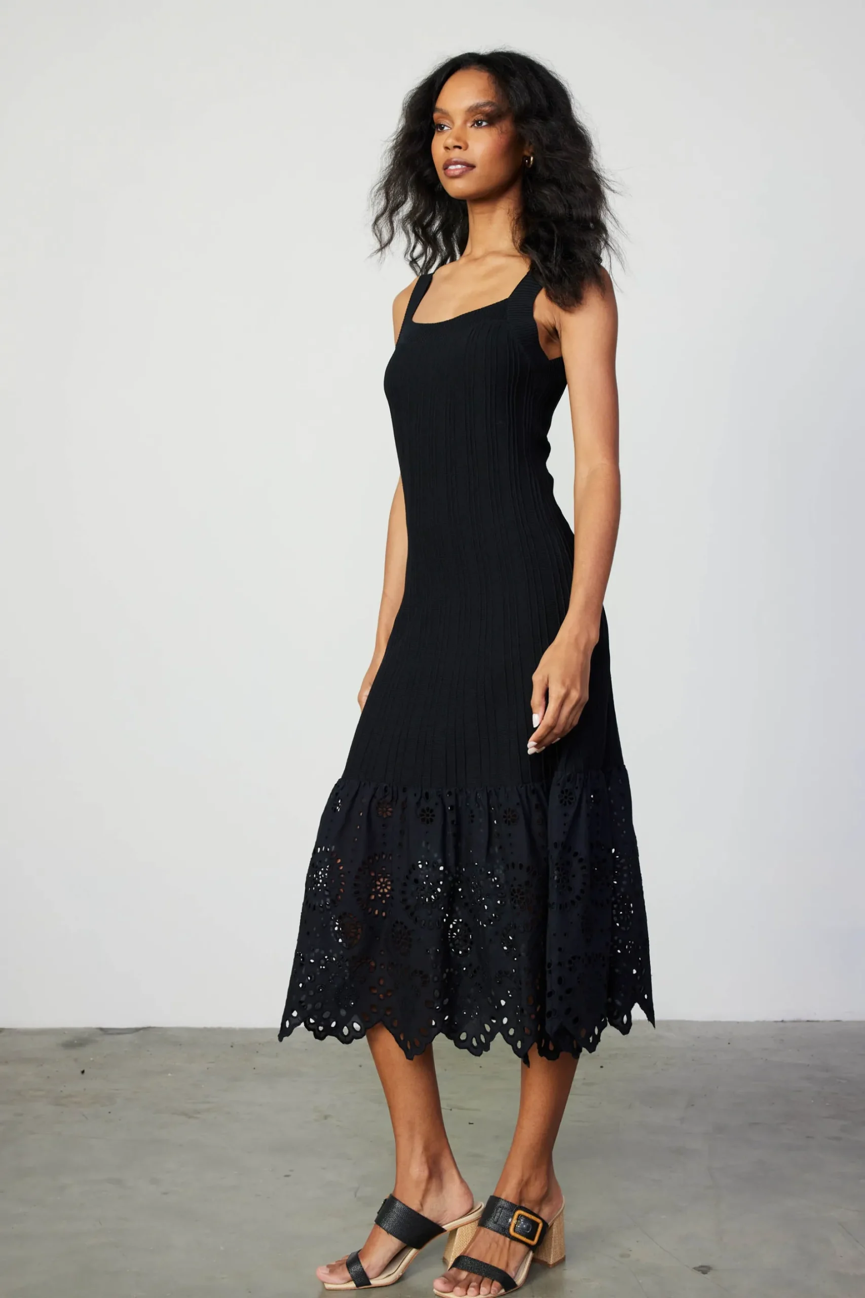 Knitwear|Midi Dresses-Current Air Contrast Lace Knit Dress BLACK