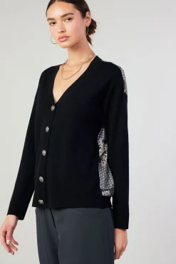 Cardigans|Sweaters-Current Air Contrast Paneled Cardigan BLACK