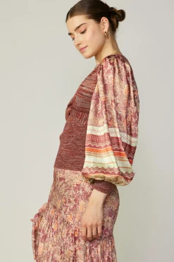 Sweaters-Current Air Contrast Sleeve Border Print Sweater BRICKSAGEMLT