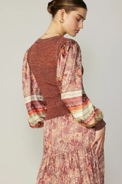 Sweaters-Current Air Contrast Sleeve Border Print Sweater BRICKSAGEMLT