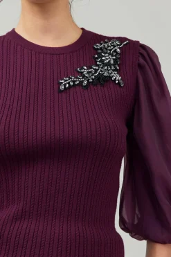 Knitwear|Short Sleeve Tops-Current Air Contrast Sleeve Knit Blouse BURGUNDY