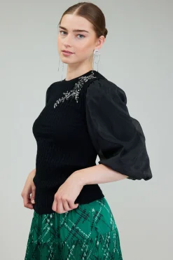 Knitwear|Short Sleeve Tops-Current Air Contrast Sleeve Knit Blouse BLACK