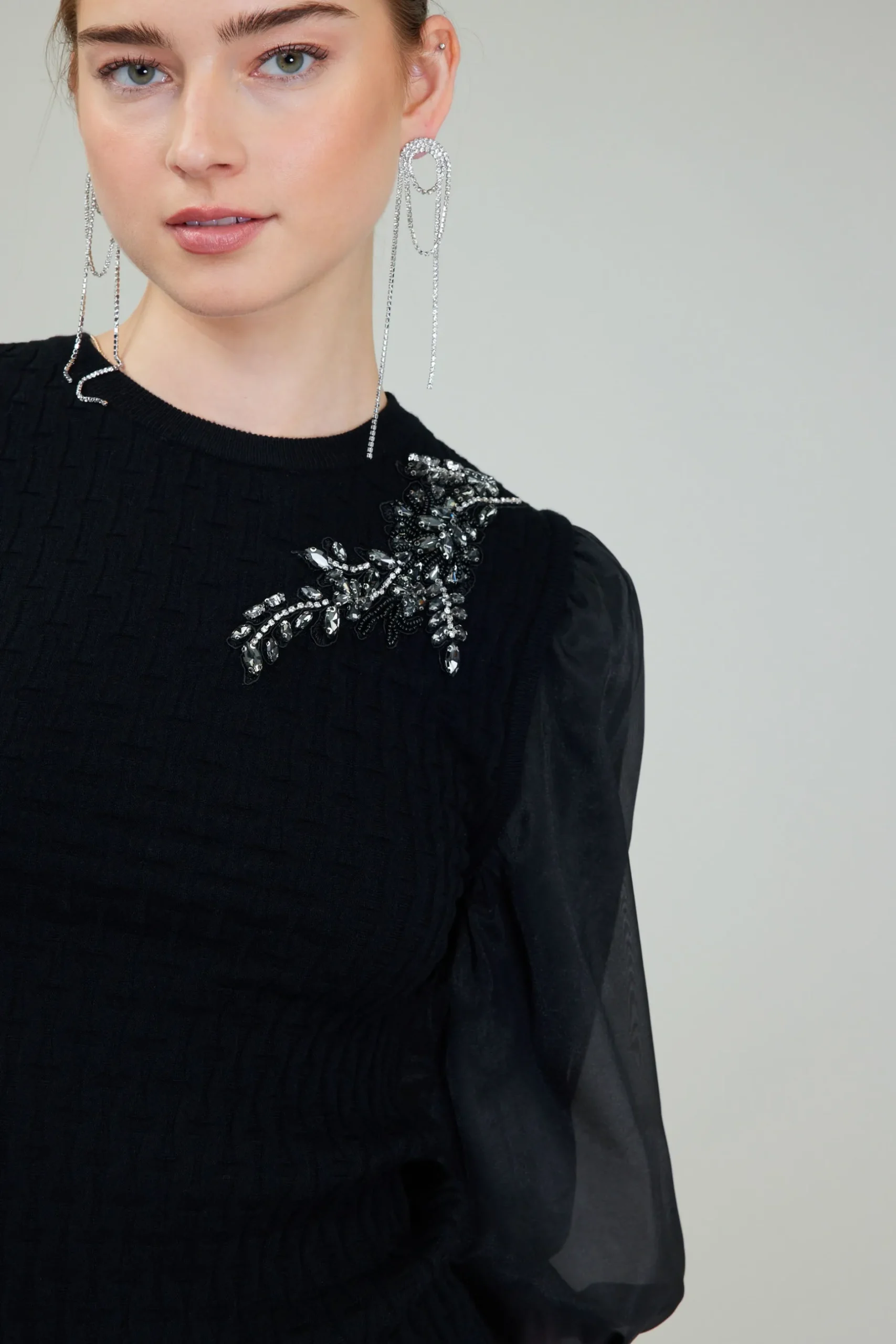 Knitwear|Short Sleeve Tops-Current Air Contrast Sleeve Knit Blouse BLACK