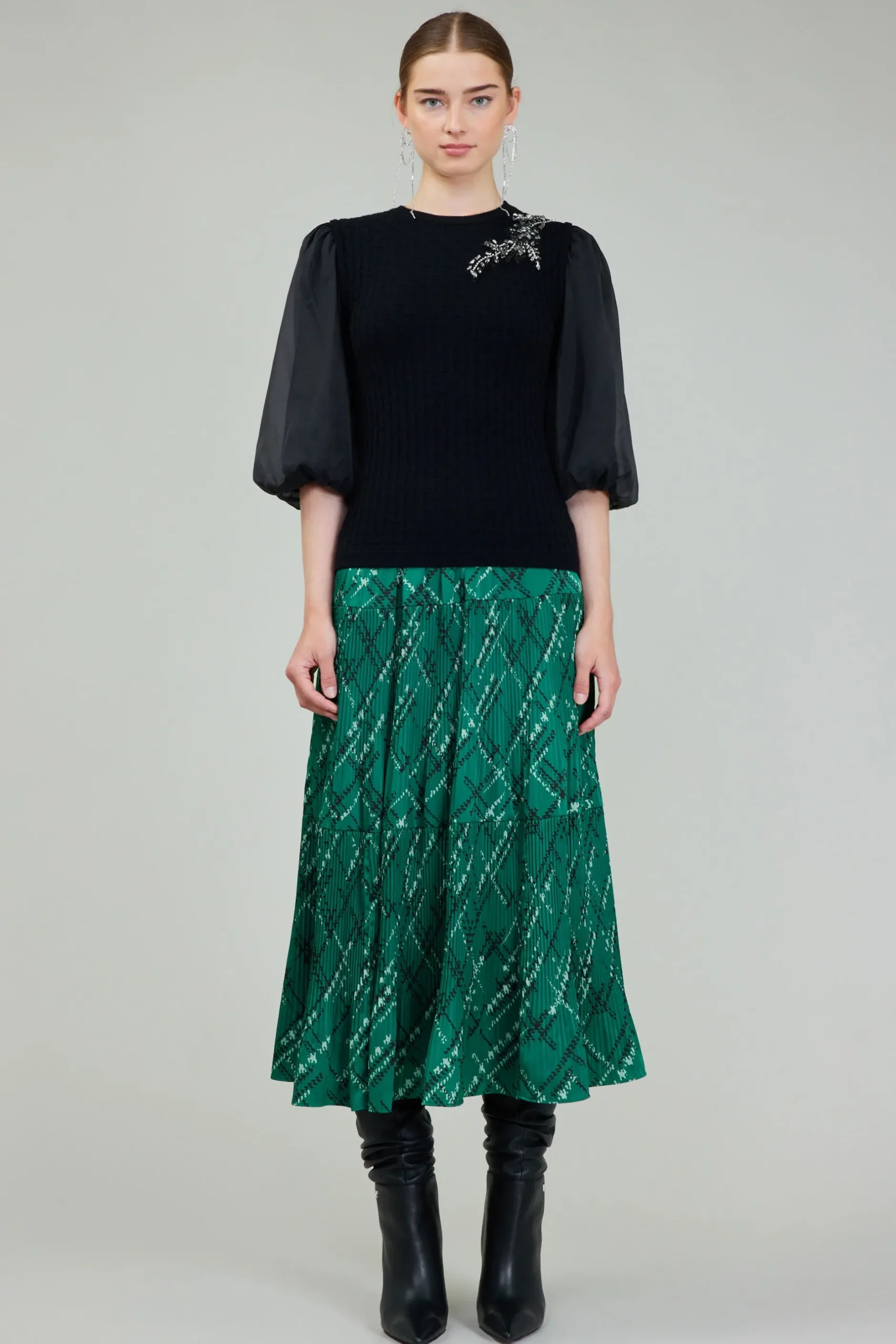 Knitwear|Short Sleeve Tops-Current Air Contrast Sleeve Knit Blouse BLACK